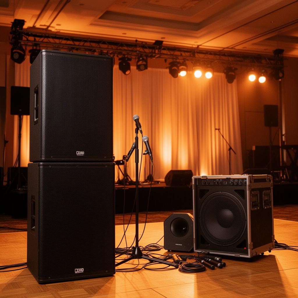 Professional PA speakers, subwoofer and microphones set up for an event